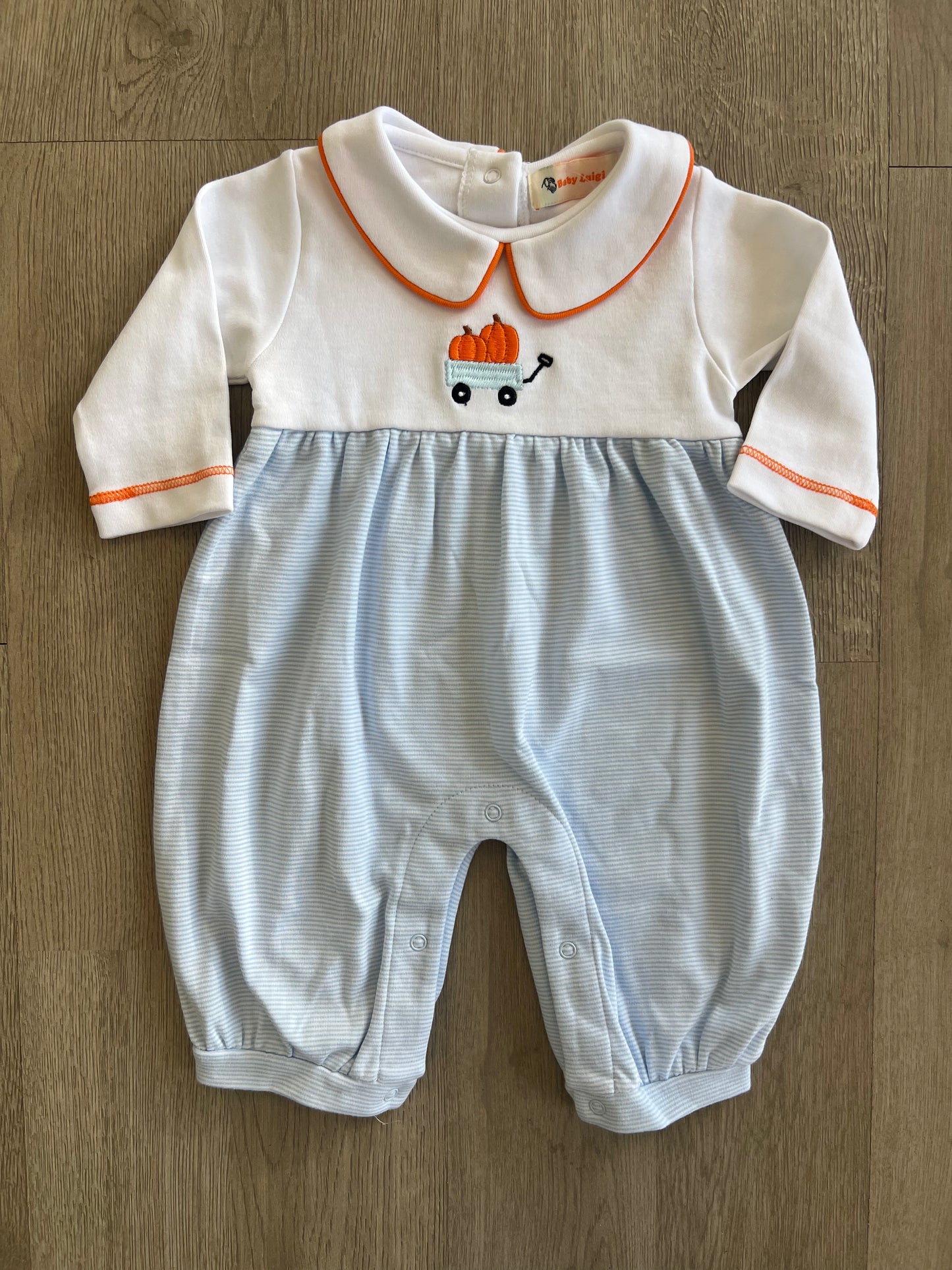 Blue Stripe Pumpkin Wagon Romper
