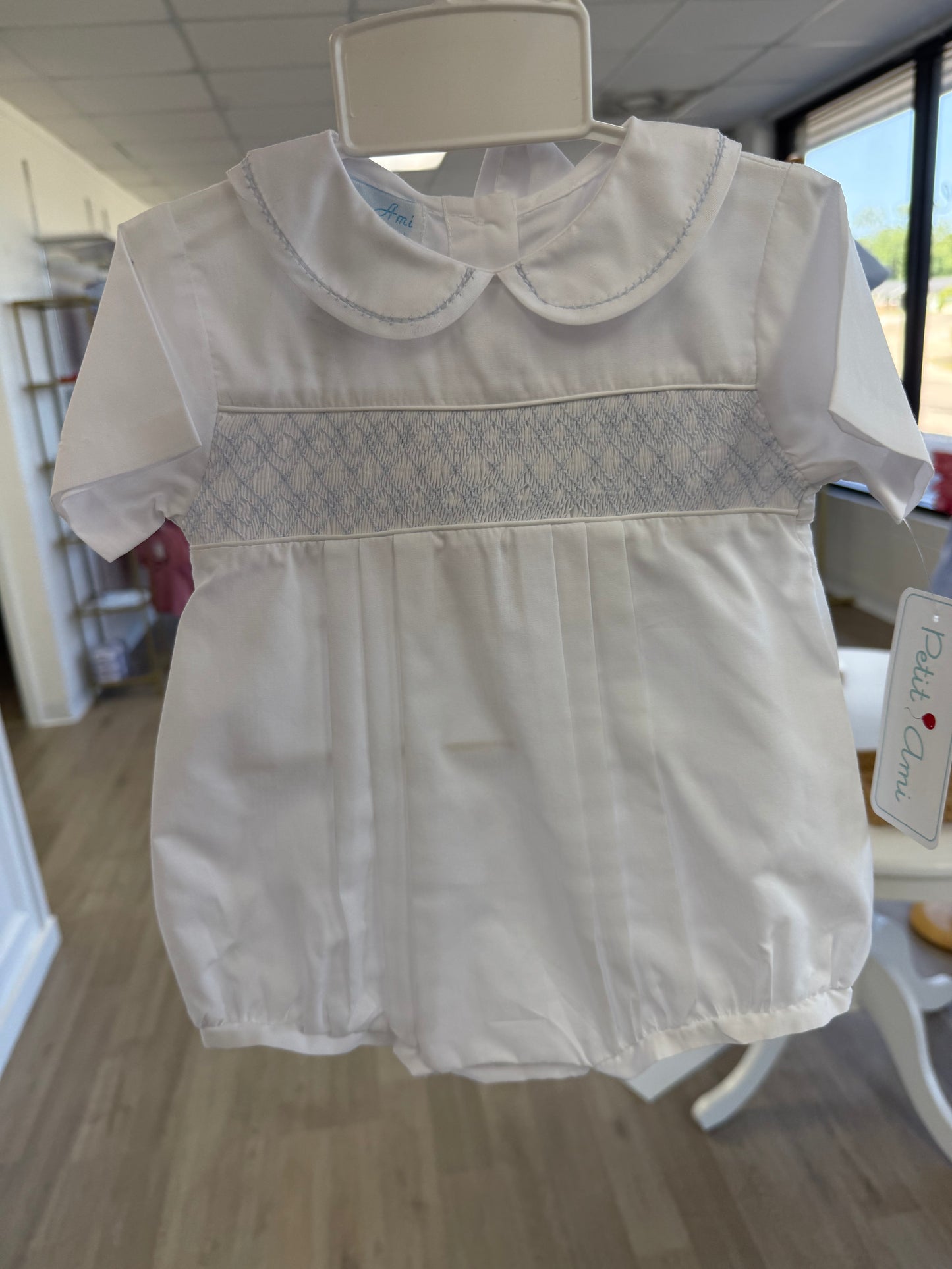 White Bubble with Blue Smocking with Hat