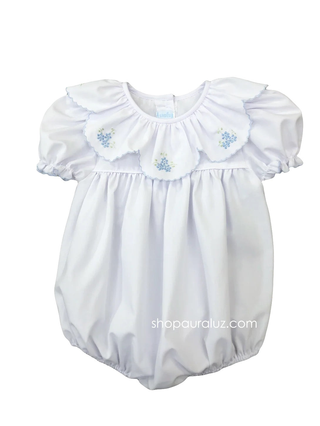White Bubble w/ Blue Floral Ruffle Collar