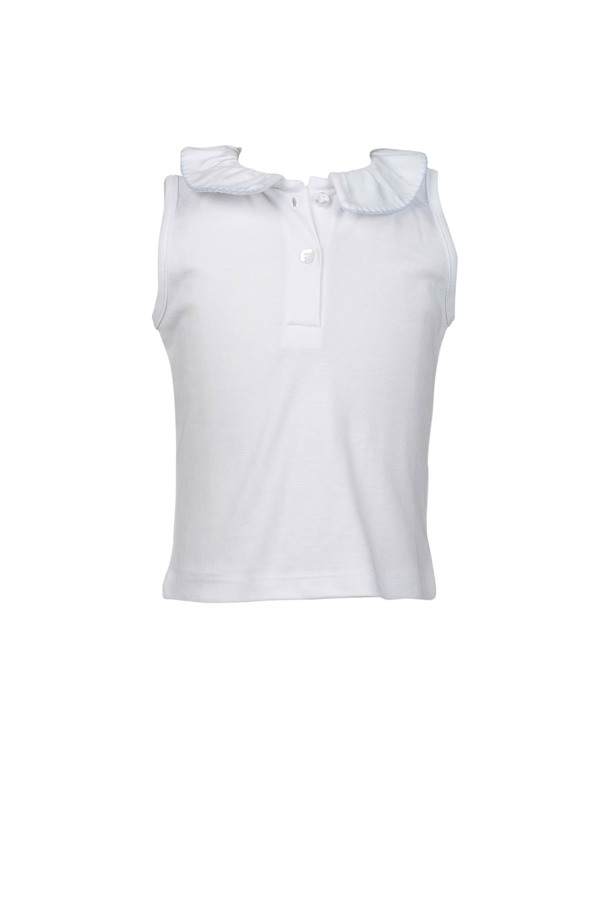 Pima White Sleeveless Shirt - Light Blue Trim