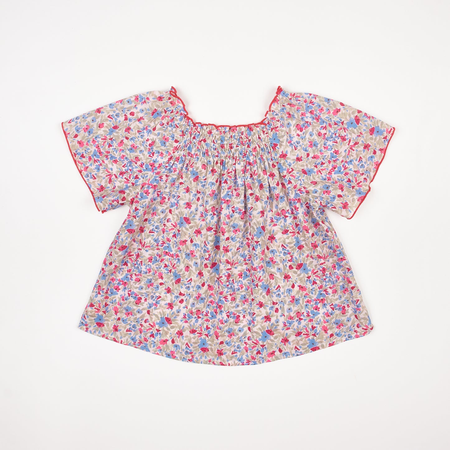 Red and Blue Floral Smocked Top