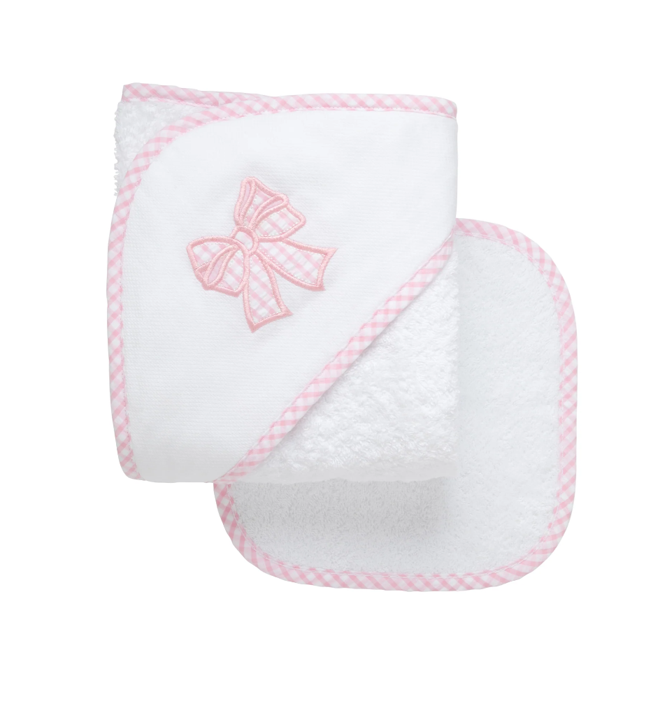 Bow Applique Hooded Towel & Washcloth Set, Pink