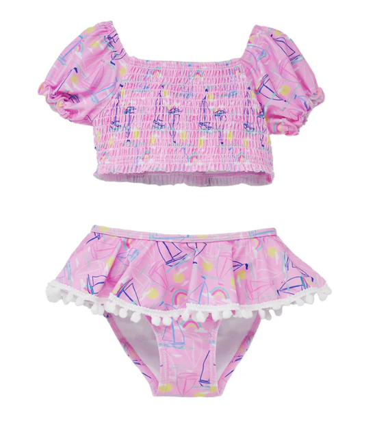 Gemma Two Piece Smocked Pom-Pom Swimsuit - Sail Away