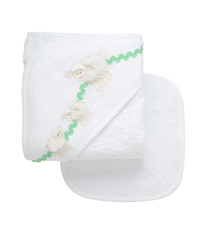 Lamb Applique Hooded Towel & Washcloth Set, White