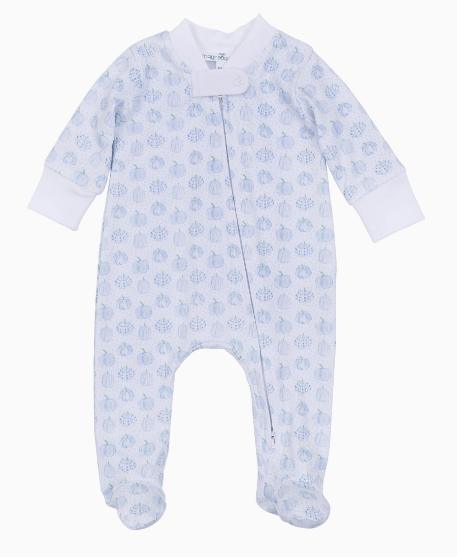Precious Pumpkins Printed Zipper Footie - Light Blue