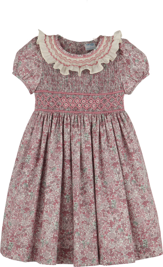 Fall Bloom Collar Smocked Dress - Pink