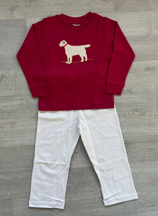 Maroon/Khaki Dog Applique Pant Set