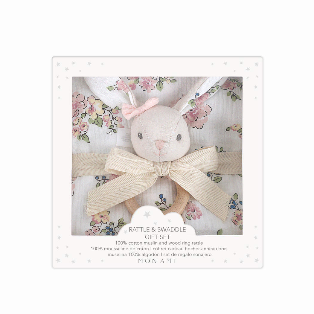 French Floral Bunny Swaddles & Rattle Gift Set