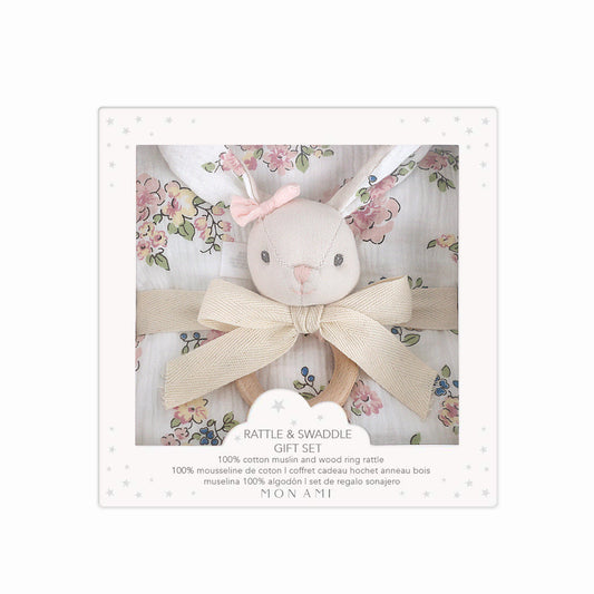 French Floral Bunny Swaddles & Rattle Gift Set