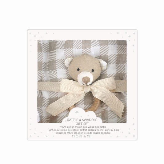 Gingham Bear Swaddles & Rattle Gift Set