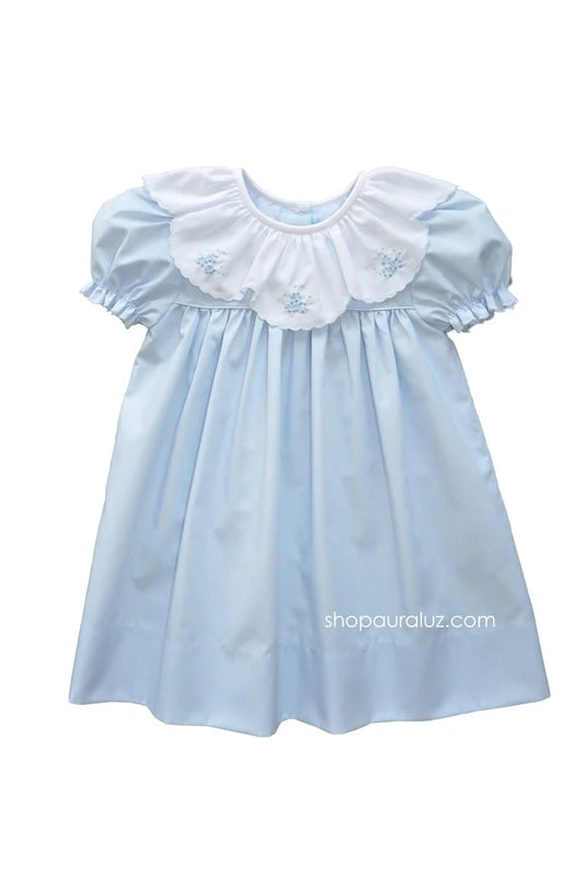 Blue Ruffle Collar Dress w/ Flower Embroidery