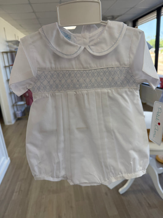 White Bubble with Blue Smocking with Hat