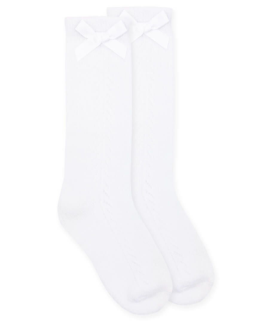 White Pointelle Bow Knee High Socks