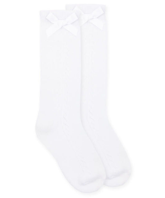 White Pointelle Bow Knee High Socks