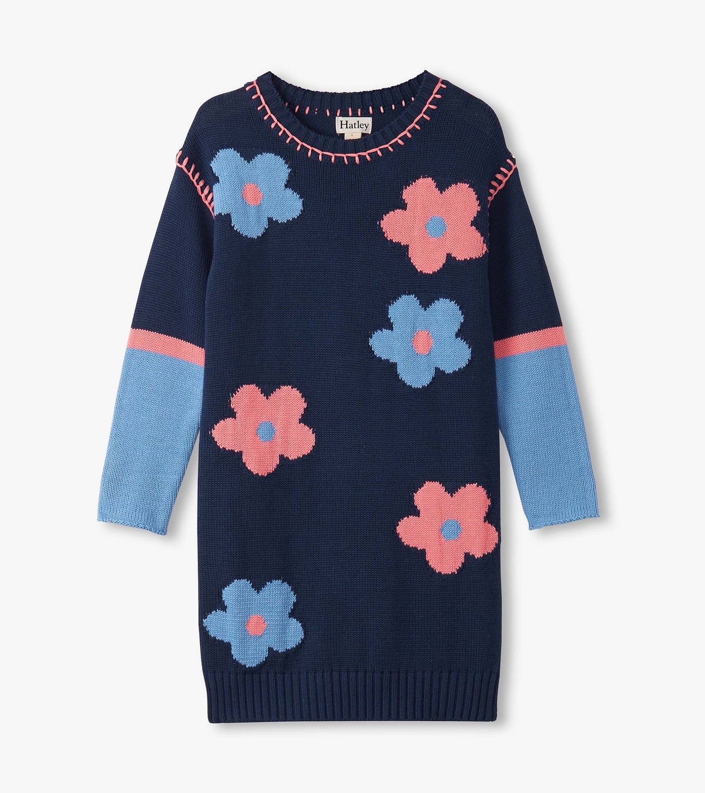 Navy Flower Drop Shoulder Sweater Dress