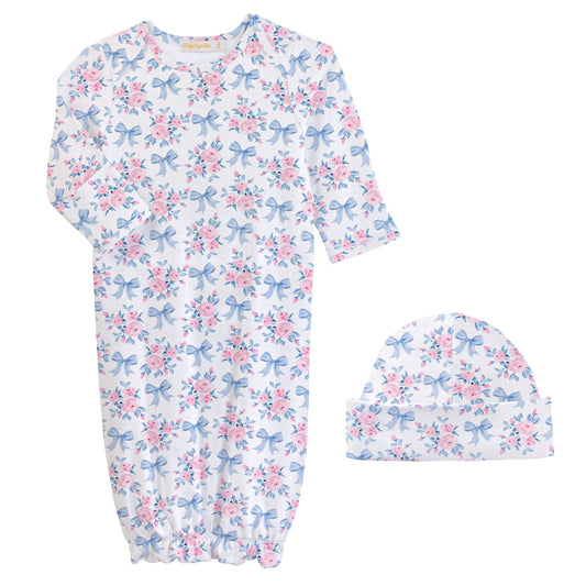 Blue Floral Bows Printed Gown Set