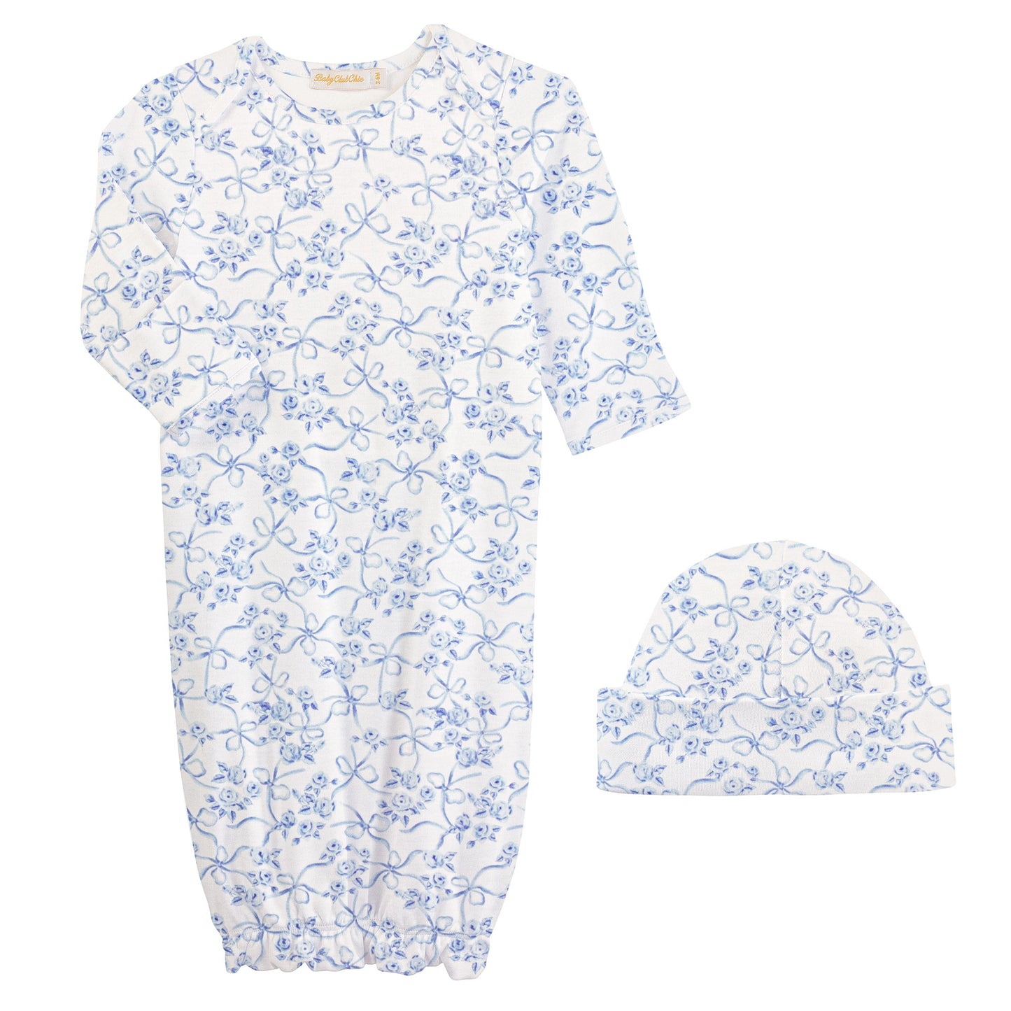Blue Romantic Toile Printed Gown & Hat Set