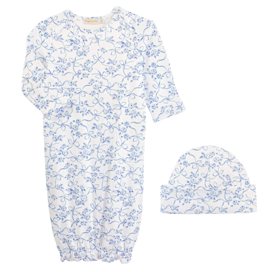 Blue Romantic Toile Printed Gown & Hat Set