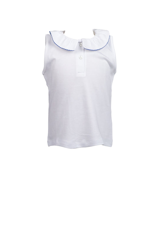 Pima White Sleeveless Shirt - Navy Trim