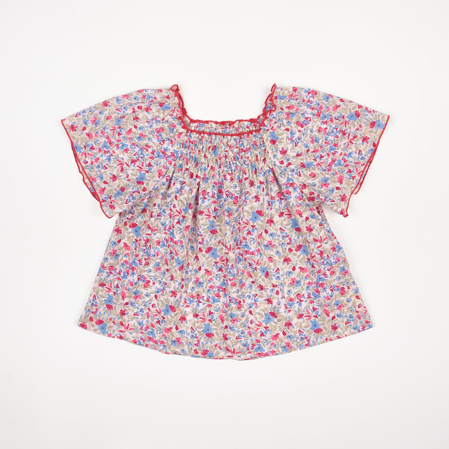 Red and Blue Floral Smocked Top