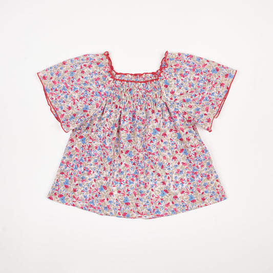 Red and Blue Floral Smocked Top