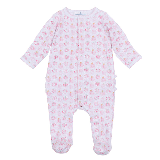 Precious Pumpkins Ruffle Printed Zipper Footie - Pink
