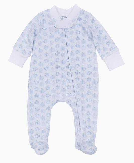 Precious Pumpkins Printed Zipper Footie - Light Blue